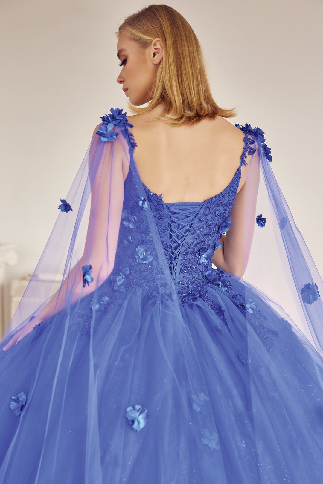 3D Floral Sleeveless Cape Ball Gown by Juliet 1436