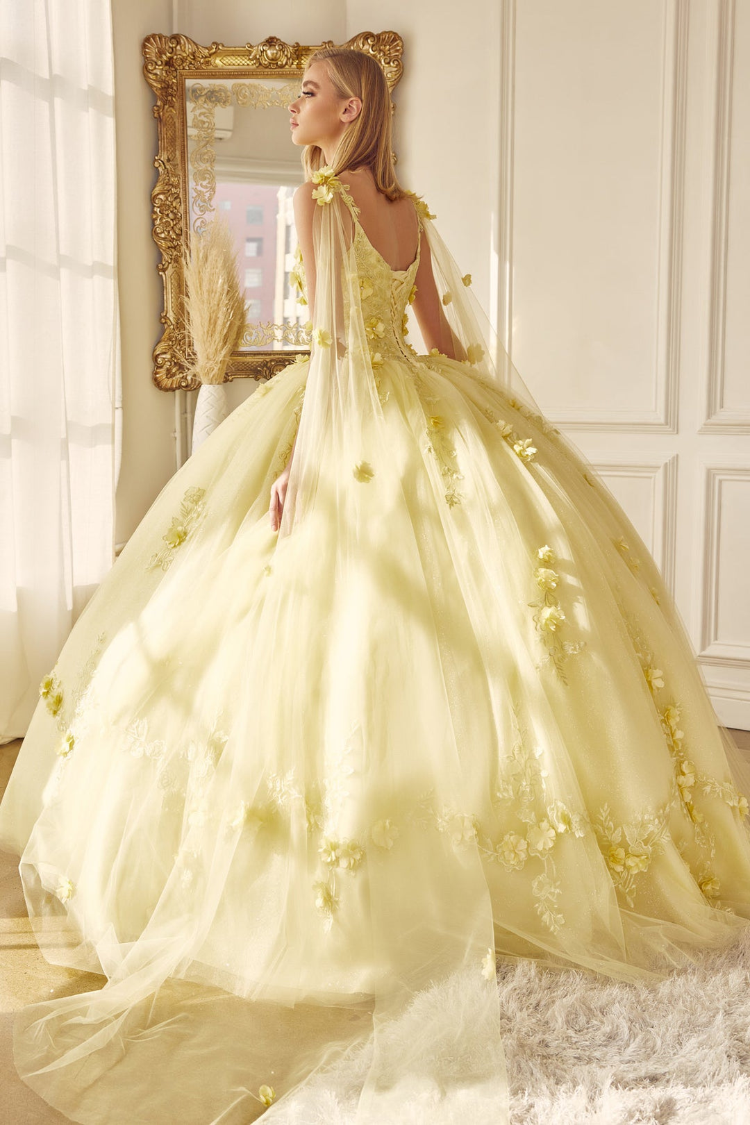 3D Floral Sleeveless Cape Ball Gown by Juliet 1436