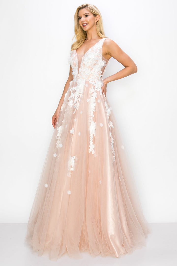 3D Floral V-Neck Tulle Gown by Cinderella Couture 8040J