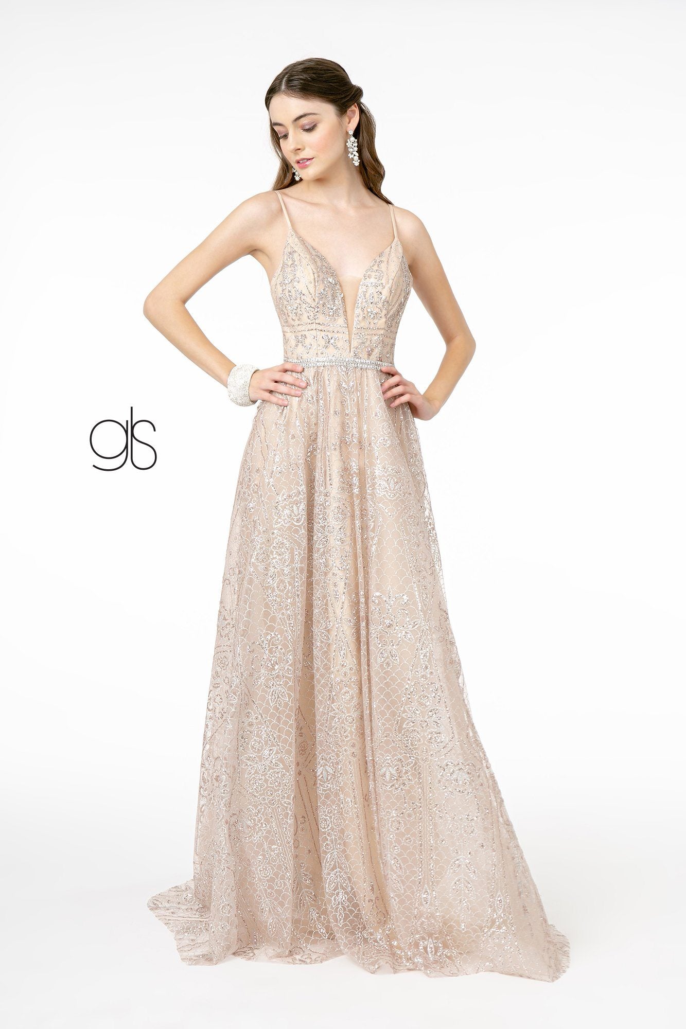A-Line Glitter Gown with Deep V-Neck by Elizabeth K GL2915 3XL / Rose Gold A-Line Glitter Gown with Deep V-Neck by Elizabeth K GL2915 3XL / Rose Gold