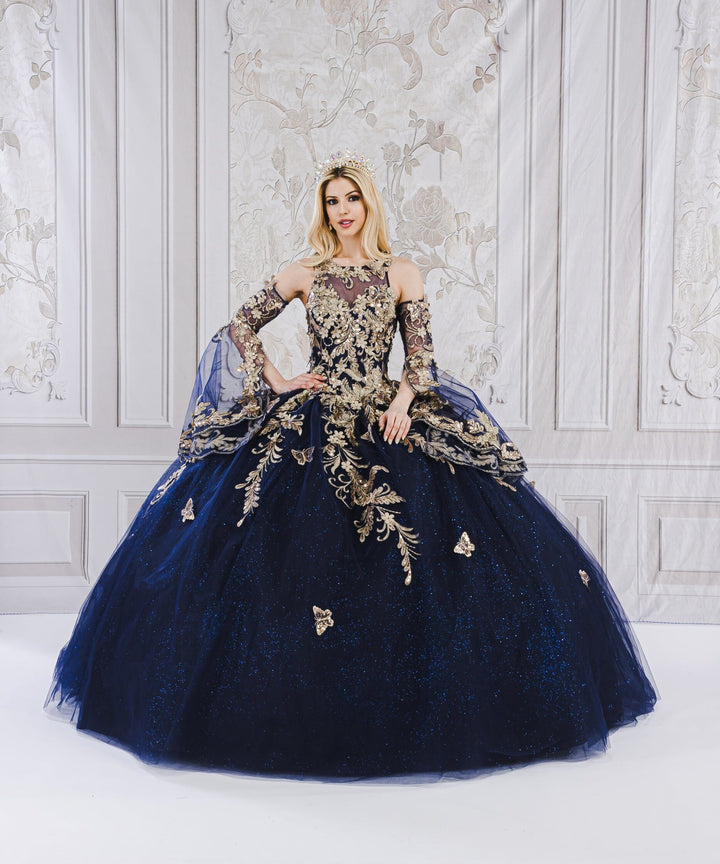 Applique Bell Sleeve Ball Gown by Petite Adele PQ1020