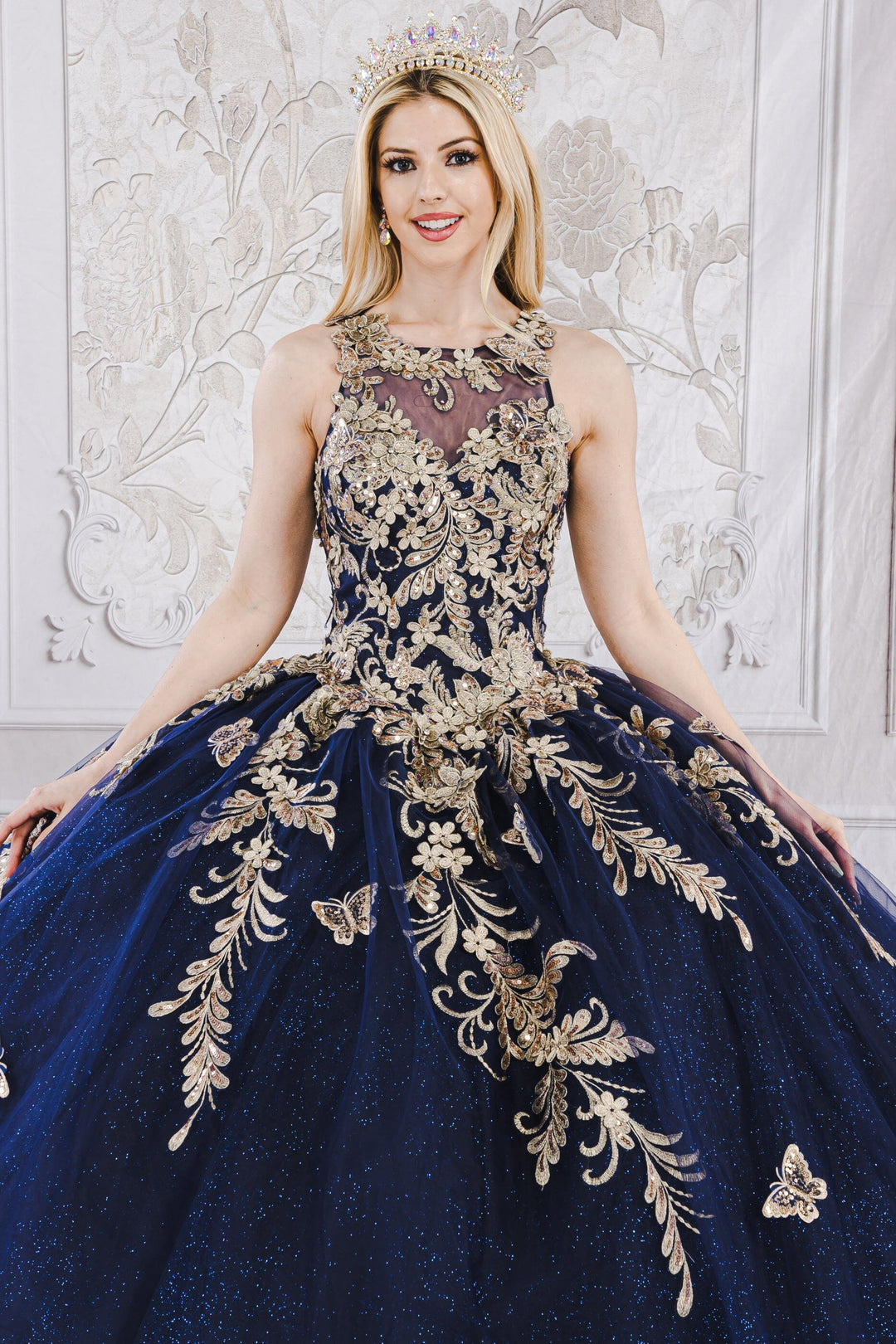 Applique Bell Sleeve Ball Gown by Petite Adele PQ1020