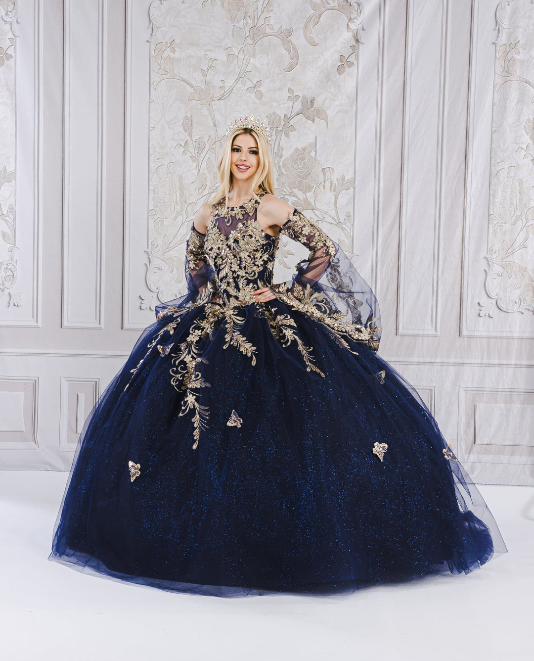 Applique Bell Sleeve Ball Gown by Petite Adele PQ1020