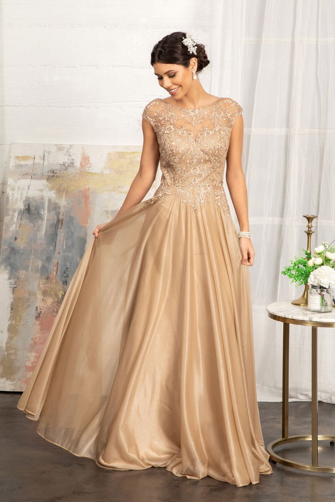 Elizabeth K GL3068 Embroidered A Line Dress With Scoop Neck, Gold / 2XL