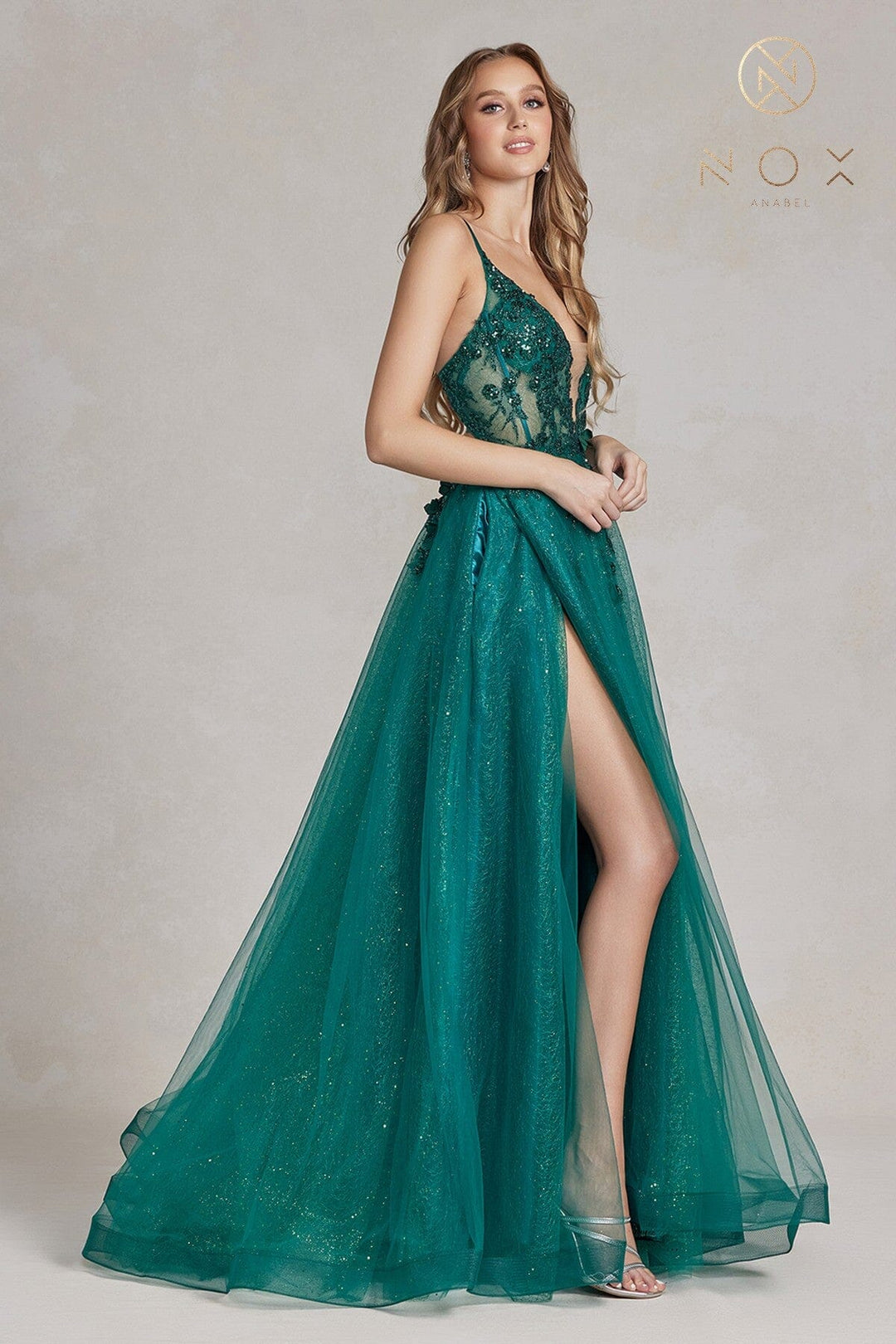 Applique Glitter Tulle Slit Gown by Nox Anabel C1113