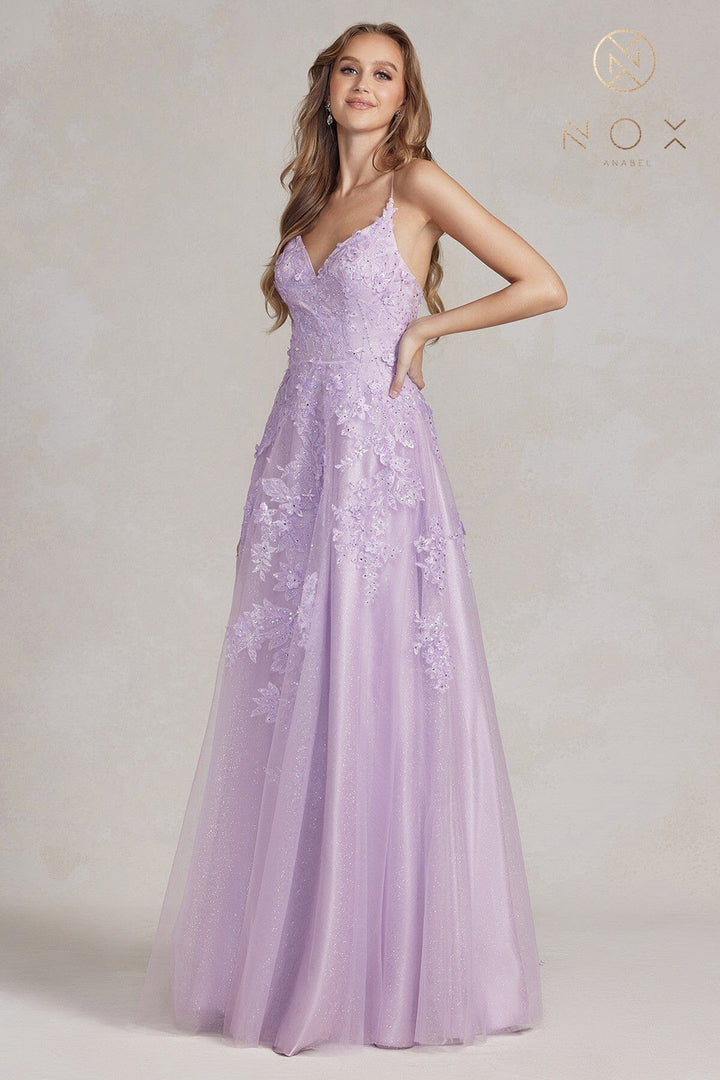 Applique Glitter Tulle V-Neck Gown by Nox Anabel E1179