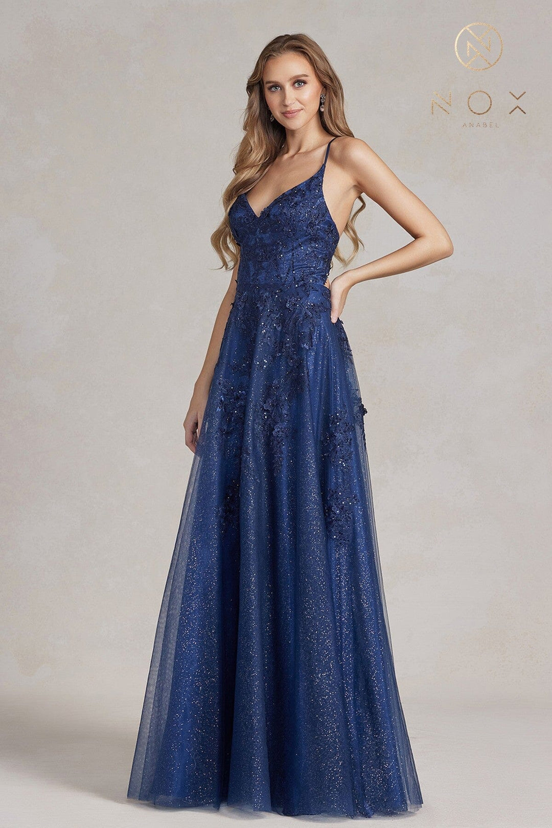Applique Glitter Tulle V-Neck Gown by Nox Anabel E1179