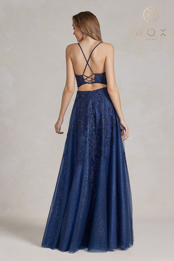 Applique Glitter Tulle V-Neck Gown by Nox Anabel E1179