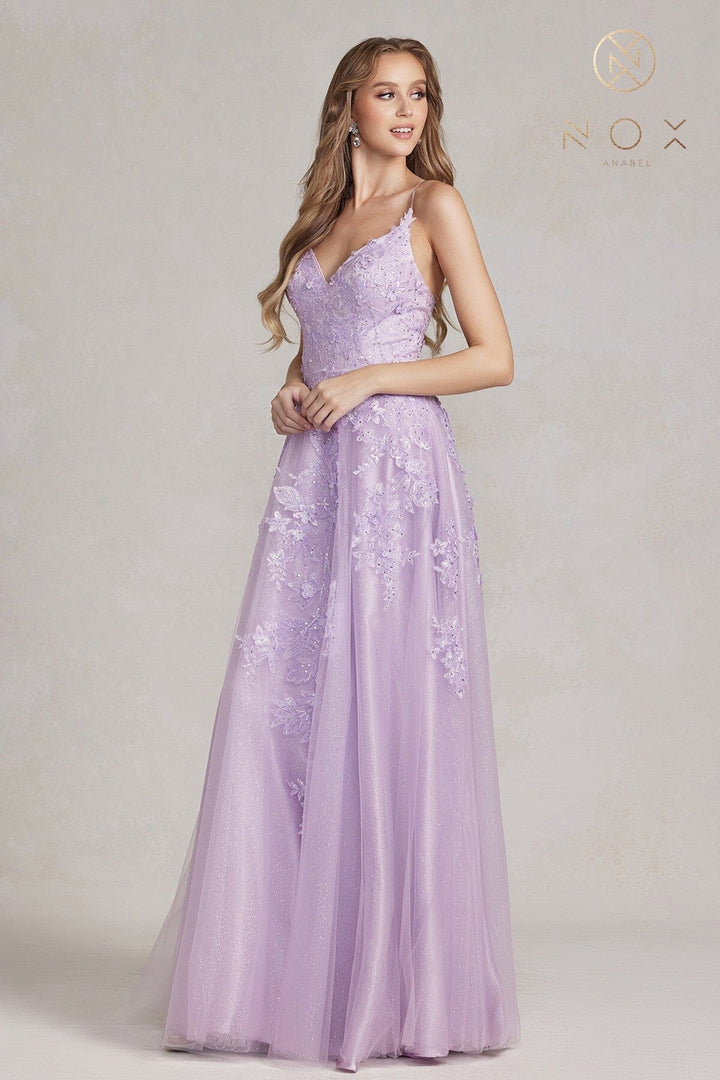 Applique Glitter Tulle V-Neck Gown by Nox Anabel E1179