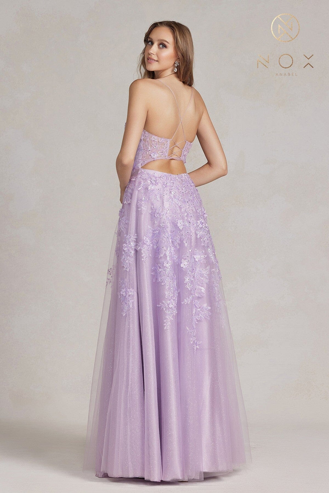 Applique Glitter Tulle V-Neck Gown by Nox Anabel E1179