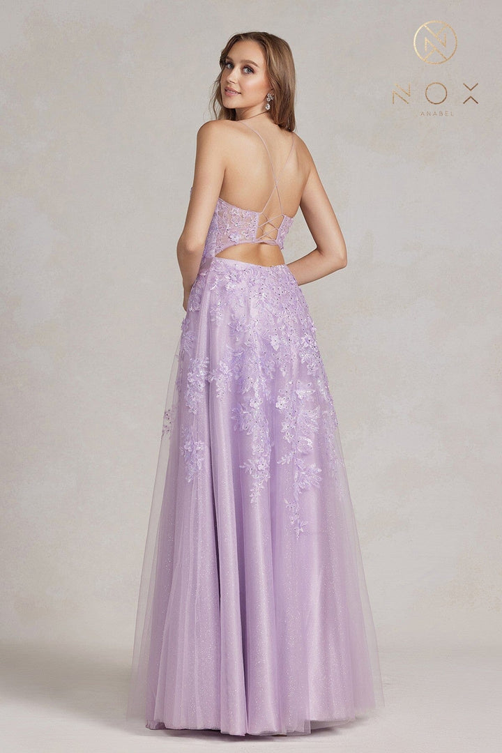 Applique Glitter Tulle V-Neck Gown by Nox Anabel E1179