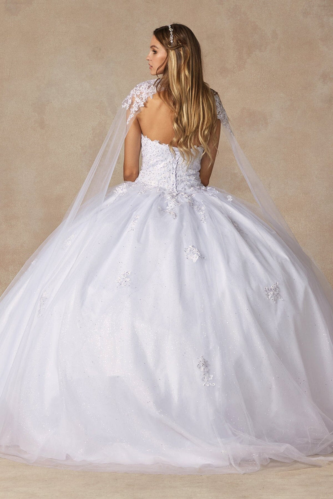 Applique Strapless Cape Ball Gown by Juliet 1440