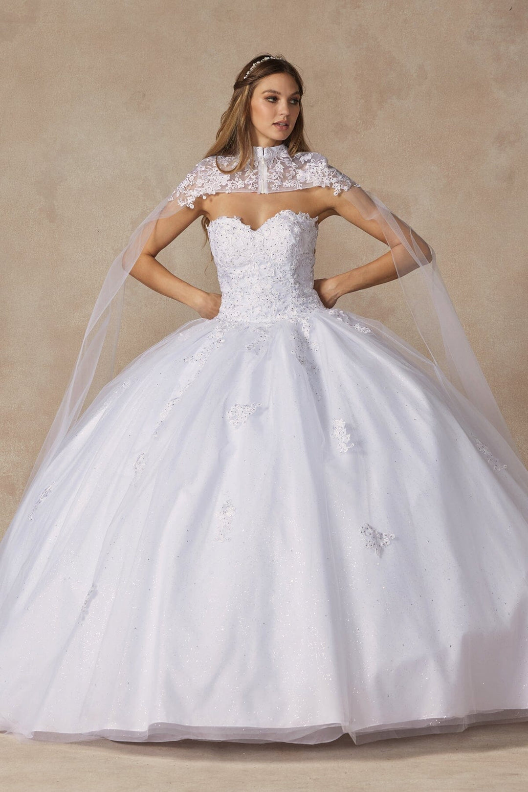 Applique Strapless Cape Ball Gown by Juliet 1440