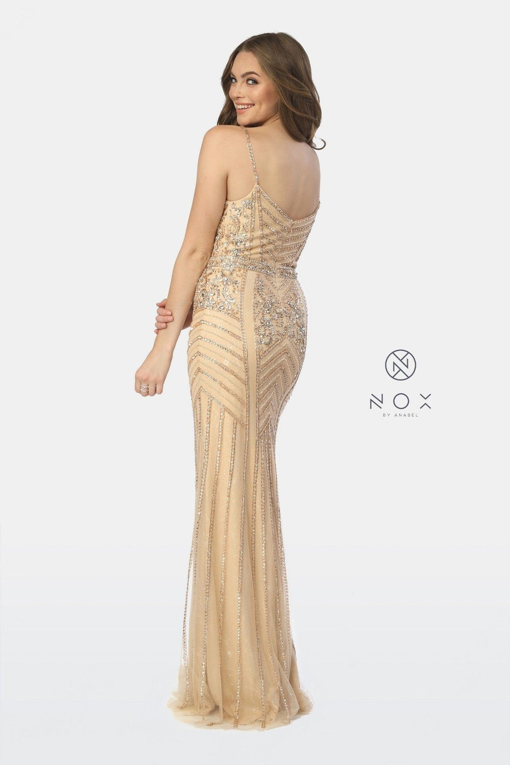 Bead Embellished Long V-Neck Trumpet Dress by Nox Anabel T254-Long Formal Dresses-ABC Fashion