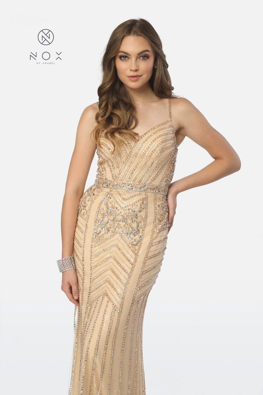 Bead Embellished Long V-Neck Trumpet Dress by Nox Anabel T254-Long Formal Dresses-ABC Fashion