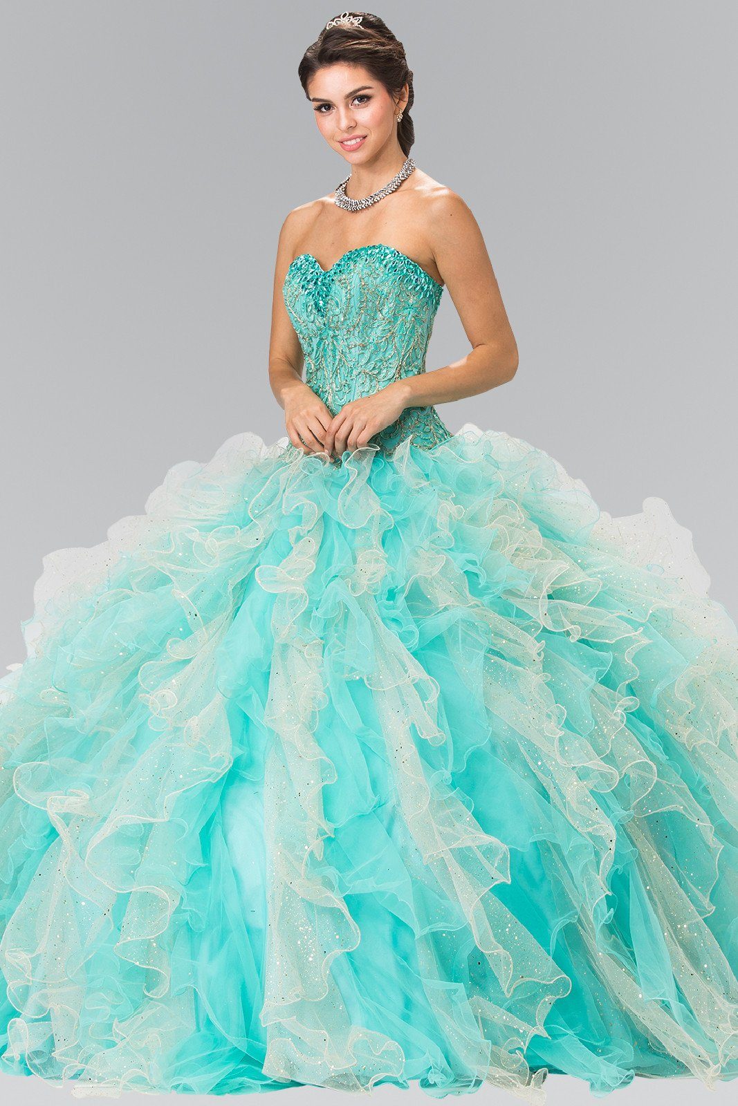Bead Embroidered Strapless Ruffled Ballgown by Elizabeth K GL2210-Quinceanera Dresses-ABC Fashion