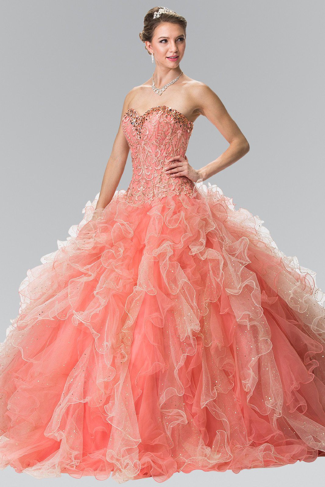 Bead Embroidered Strapless Ruffled Ballgown by Elizabeth K GL2210 2XL / Coral/Champagne Bead Embroidered Strapless Ruffled Ballgown by Elizabeth K GL2210 2XL / Coral/Champagne