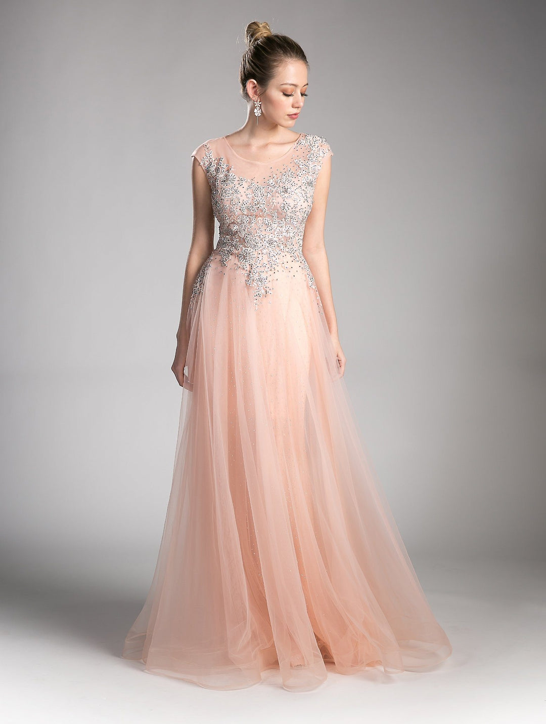 Beaded Cap Sleeve Dress with Tulle Skirt by Cinderella Divine 8992-Long Formal Dresses-ABC Fashion