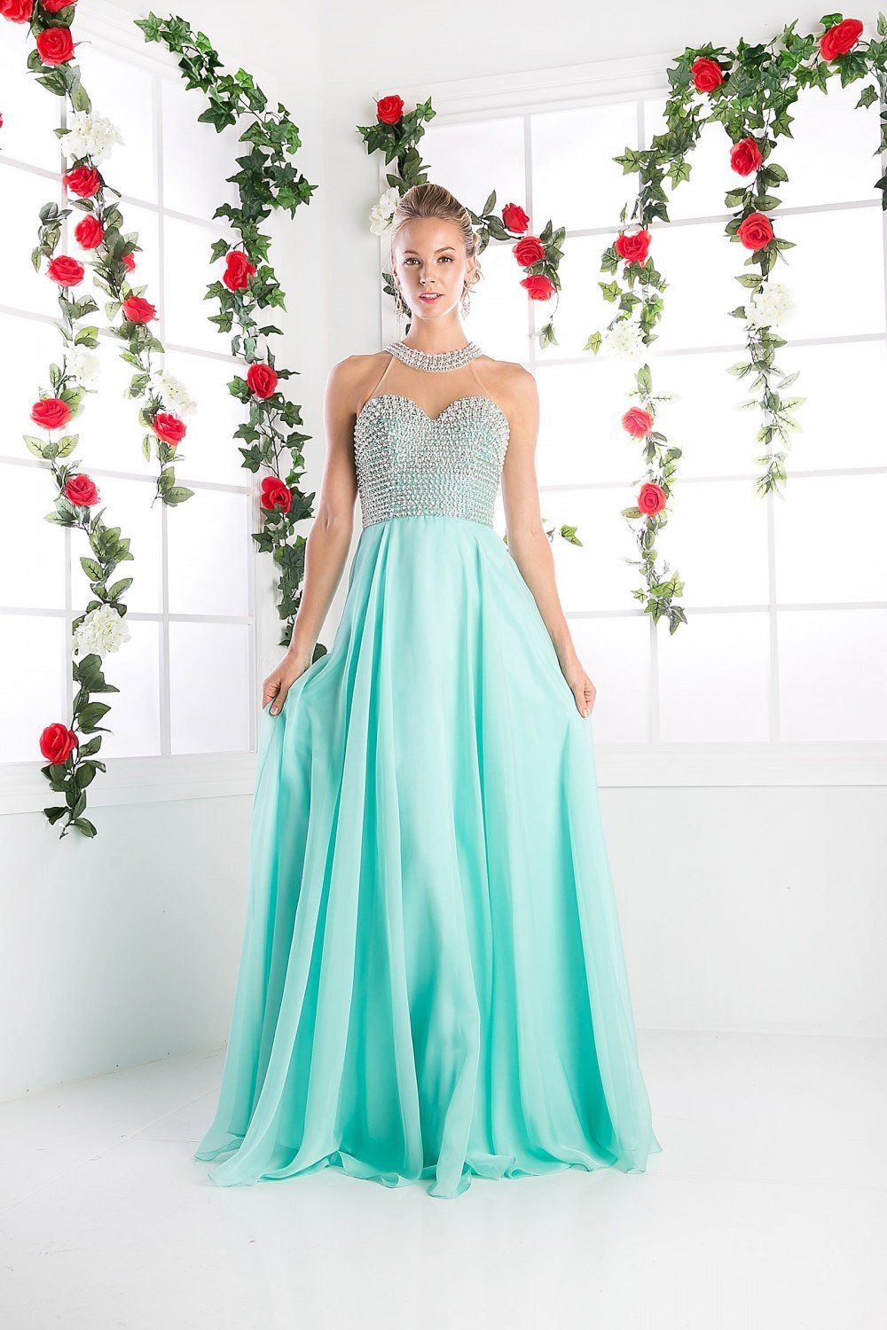 Beaded Halter Chiffon Gown by Cinderella Divine 8107 – ABC Fashion