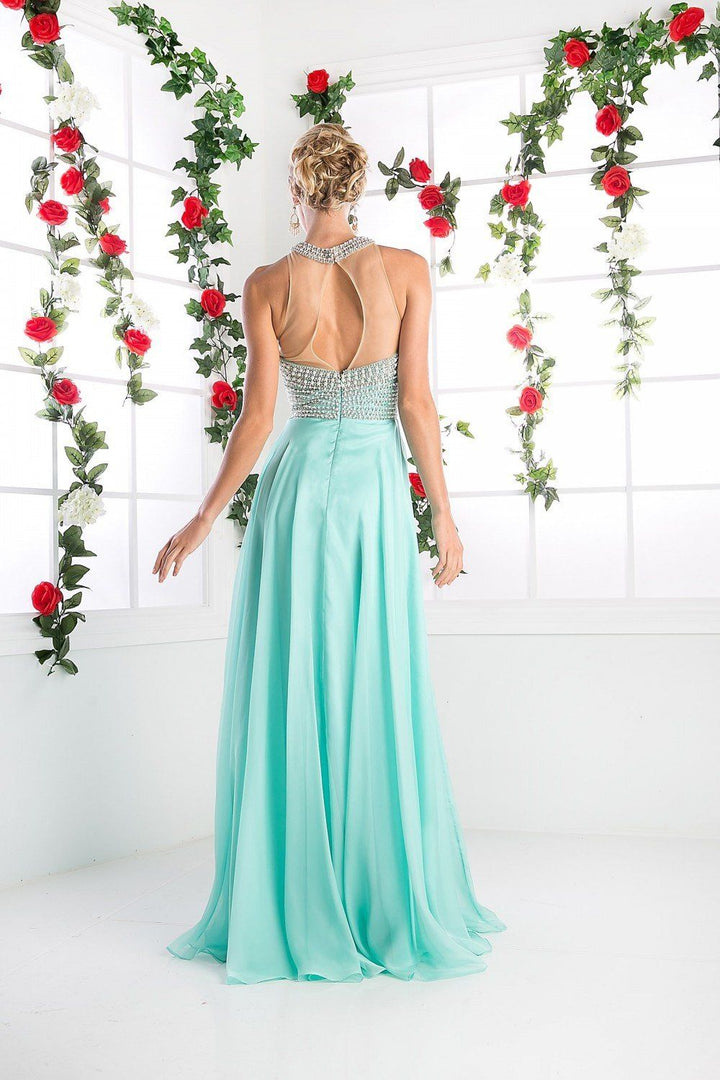 Beaded Halter Chiffon Gown by Cinderella Divine 8107