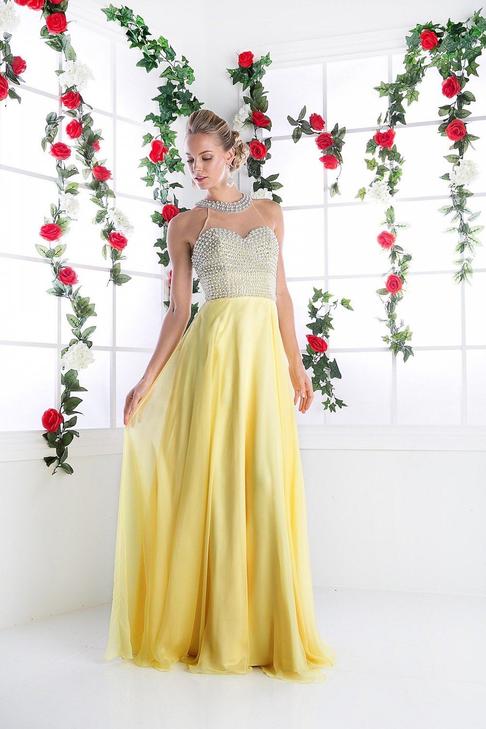 Beaded Halter Chiffon Gown by Cinderella Divine 8107