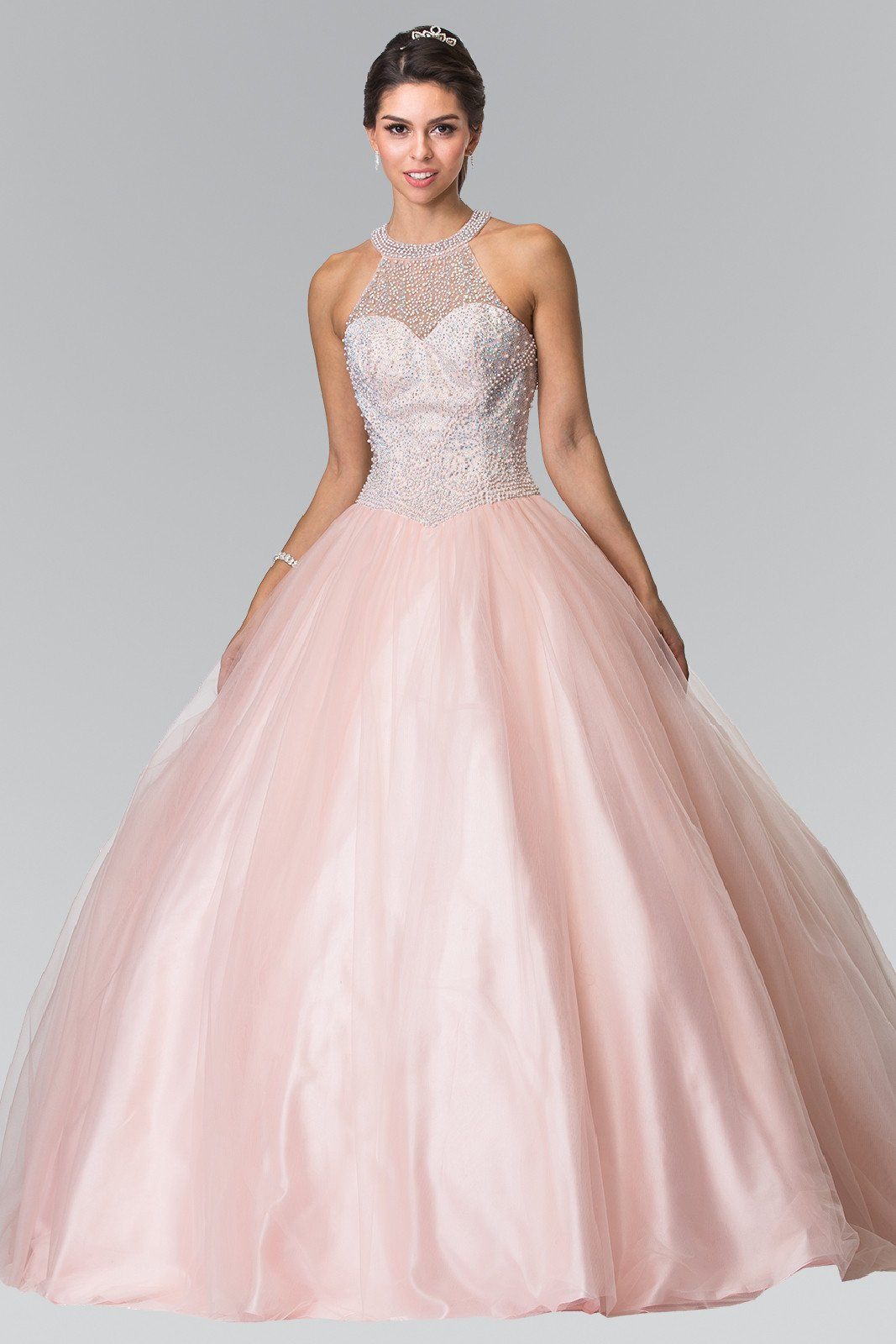 Beaded Halter Illusion Ballgown by Elizabeth K GL2309-Quinceanera Dresses-ABC Fashion