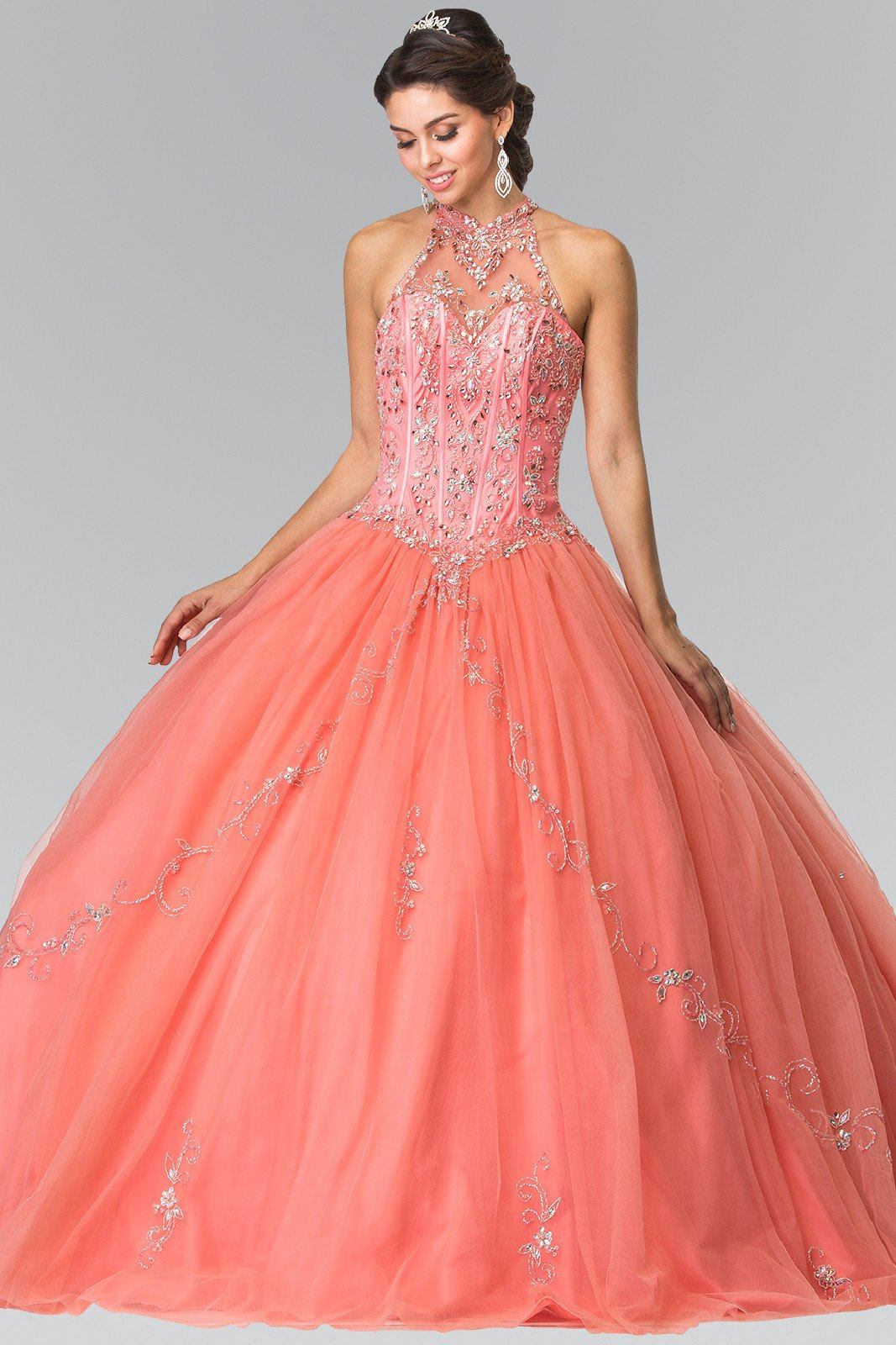 Beaded Halter Illusion Ballgown by Elizabeth K GL2348-Quinceanera Dresses-ABC Fashion