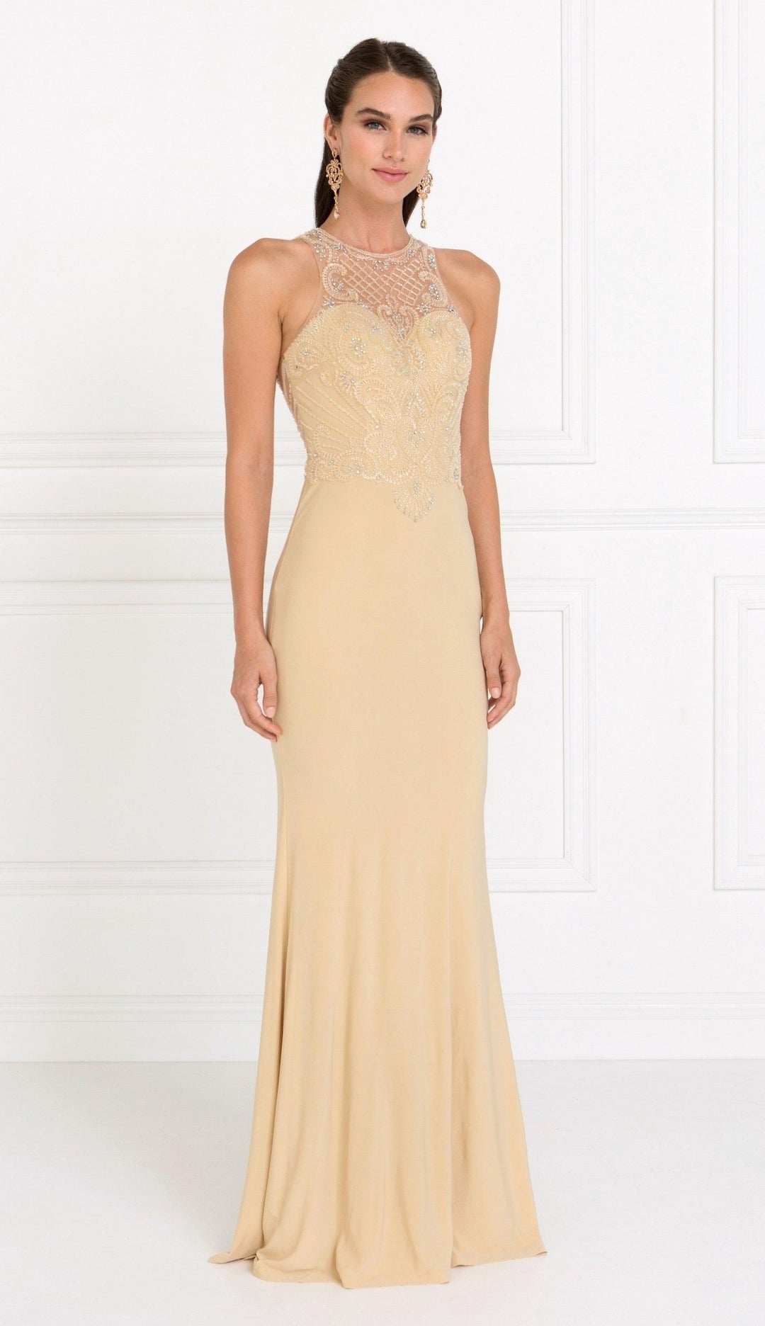 Beaded Illusion Champagne Mermaid Dress by Elizabeth K GL1507-Long Formal Dresses-ABC Fashion