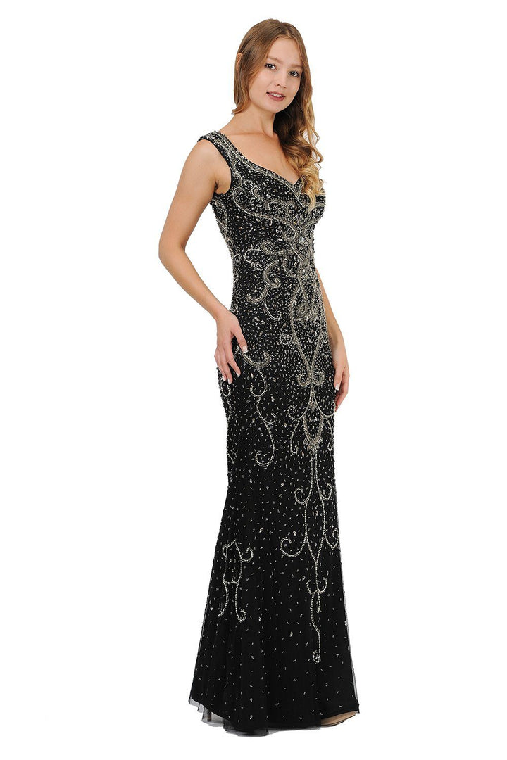 Beaded Long Black Dress with Wide V-Neckline by Poly USA 8362-Long Formal Dresses-ABC Fashion