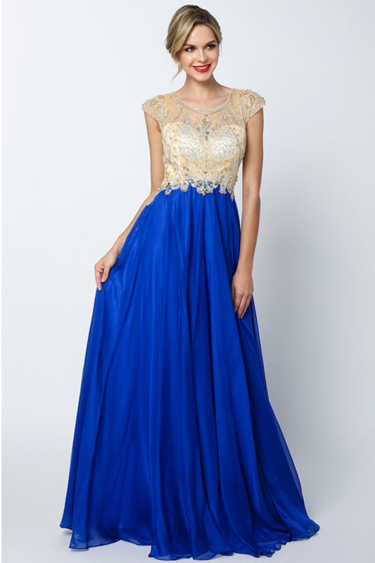 Beaded Long Cap Sleeve Dress by Juliet 636 S / Royal Blue Beaded Long Cap Sleeve Dress by Juliet 636 S / Royal Blue