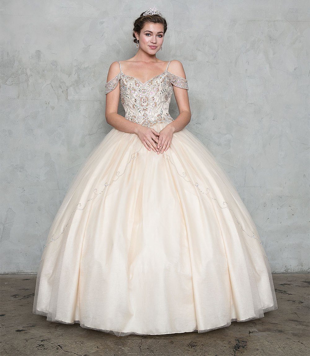 Beaded Long Cold Shoulder Dress with A-line Skirt KY78011 6 / Champagne Beaded Long Cold Shoulder Dress with A-line Skirt KY78011 6 / Champagne