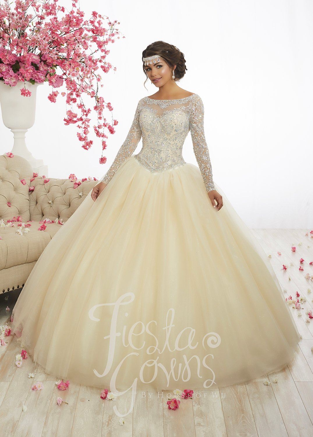 fiesta fashion champagne dress Cold Shoulder Quinceanera Dress by Fiesta Gowns 56360 8 / Champagne