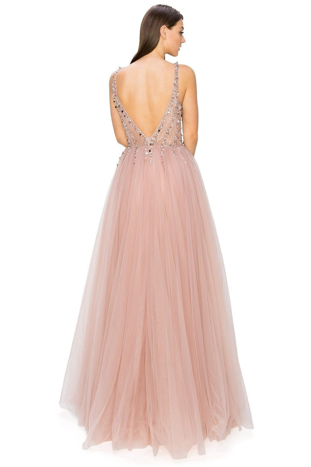 Beaded Long V-Neck Tulle Dress by Cinderella Couture 8034J
