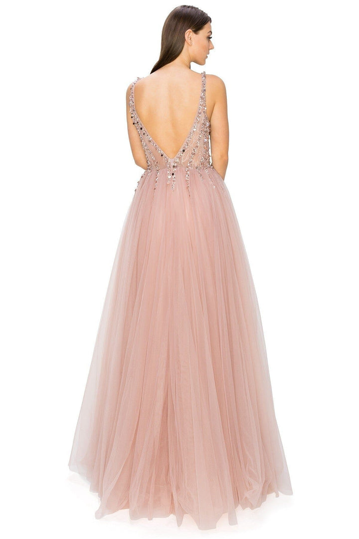 Beaded Long V-Neck Tulle Dress by Cinderella Couture 8034J