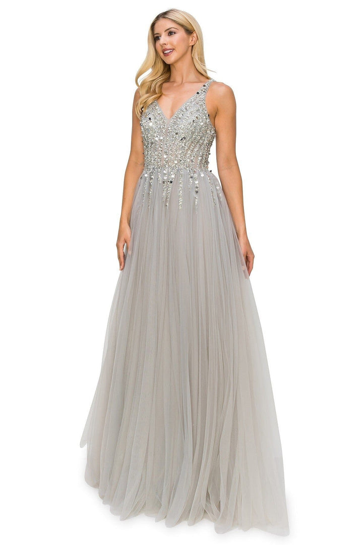 Beaded Long V-Neck Tulle Dress by Cinderella Couture 8034J