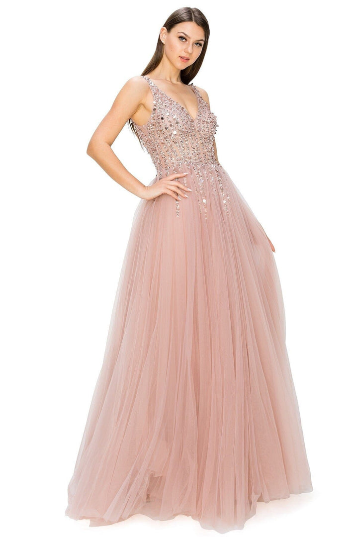 Beaded Long V-Neck Tulle Dress by Cinderella Couture 8034J