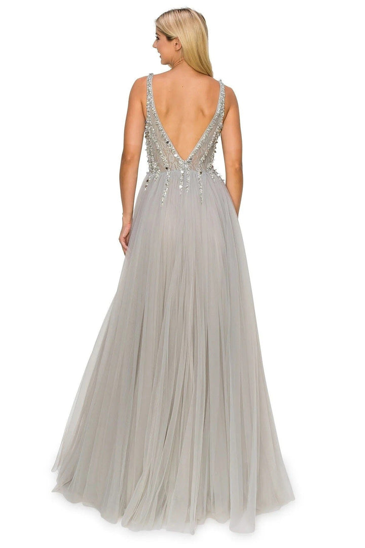 Beaded Long V-Neck Tulle Dress by Cinderella Couture 8034J