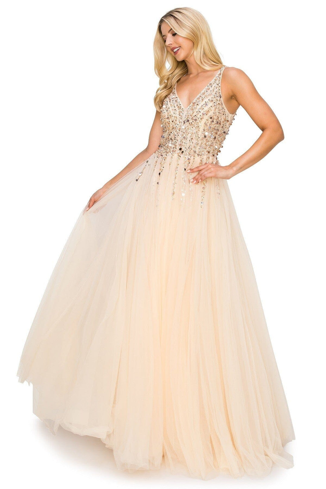 Beaded Long V-Neck Tulle Dress by Cinderella Couture 8034J