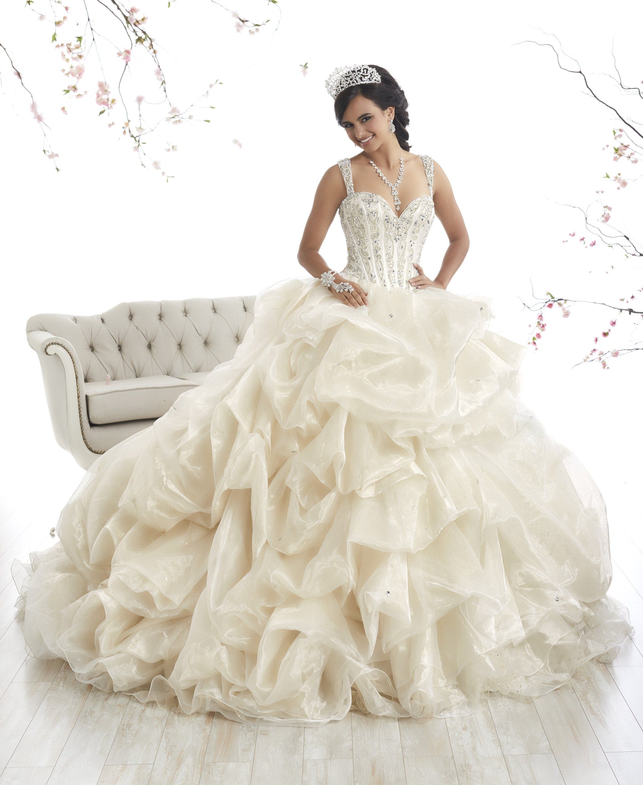 white dress pickup today Beaded Pickup Quinceanera Dress by House of Wu 26868 4 / Ivory/Champagne