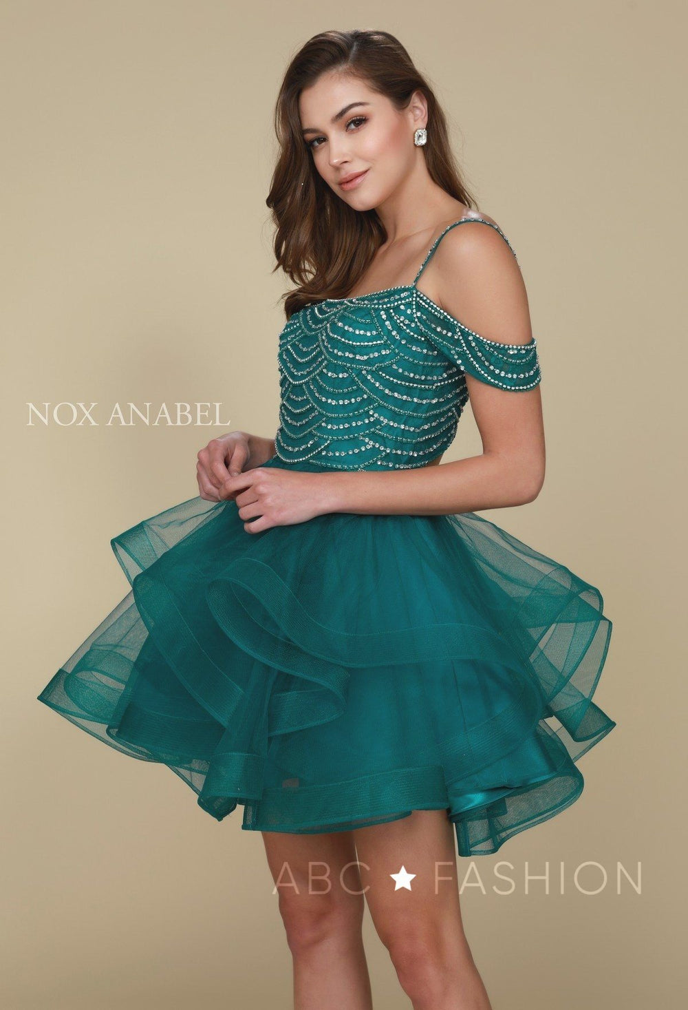 Beaded Short Cold Shoulder Dress with Tiered Skirt by Nox Anabel T668-Short Cocktail Dresses-ABC Fashion