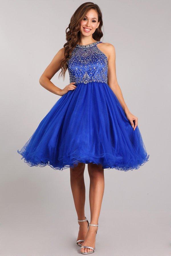 Beaded Short Halter Dress with Ruffled Skirt by Cinderella Couture 5022 14 / Aqua Beaded Short Halter Dress with Ruffled Skirt by Cinderella Couture 5022 14 / Aqua