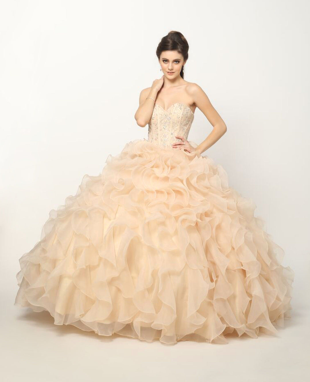 Beaded Strapless Ball Gown with Organza Ruffled Skirt by Juliet 1418-Quinceanera Dresses-ABC Fashion