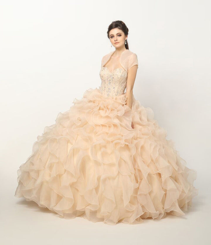 Beaded Strapless Ball Gown with Organza Ruffled Skirt by Juliet 1418-Quinceanera Dresses-ABC Fashion