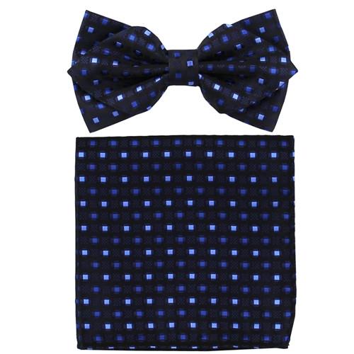 Black Bow Tie with Blue Geometric Squares and Pocket Square (Pointed Tip)-Men's Bow Ties-ABC Fashion