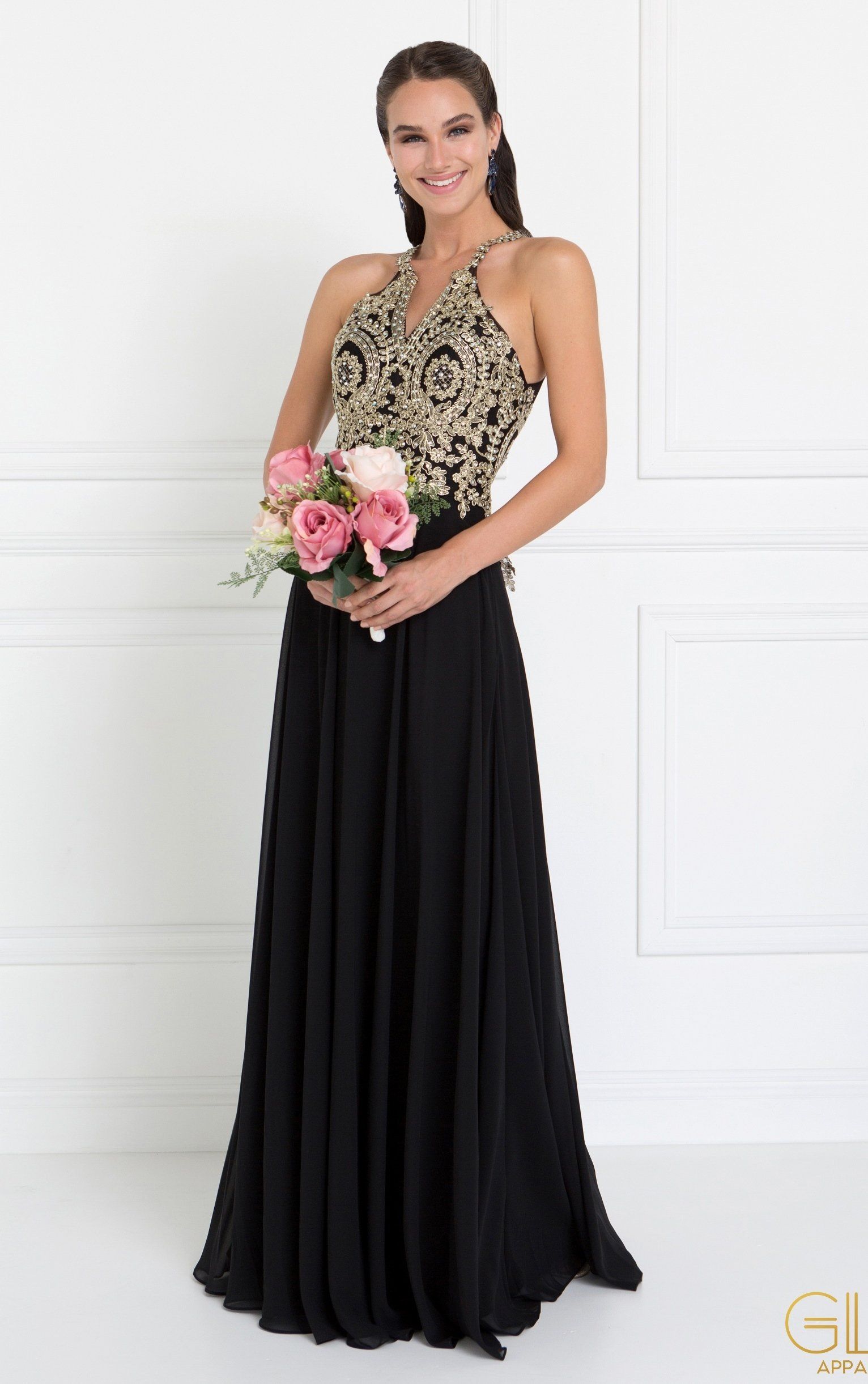 Long Open Back Chiffon Dress by Elizabeth KGL1526 - Black / S Long Open Back Chiffon Dress by Elizabeth KGL1526 - Black / S