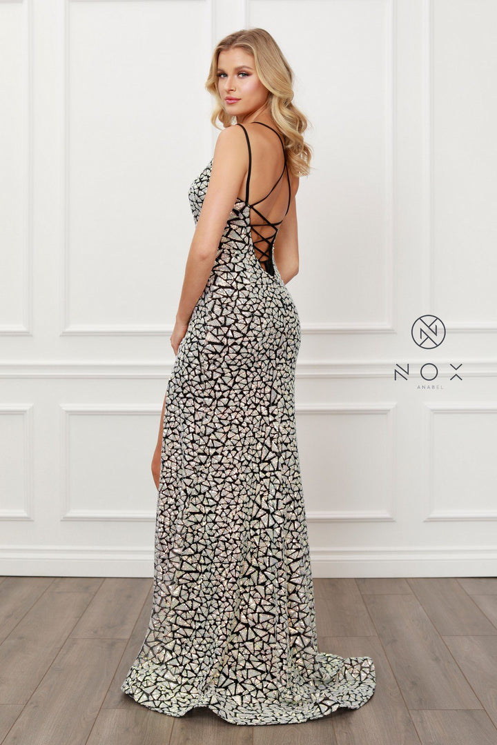 Black/Silver Sequin Fitted Gown by Nox Anabel E479