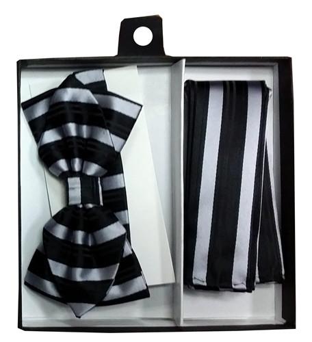 Black/Silver Striped Bow Tie with Pocket Square (Pointed Tip)-Men's Bow Ties-ABC Fashion