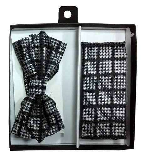 Black/White Houndstooth Bow Tie with Pocket Square (Pointed Tip)-Men's Bow Ties-ABC Fashion