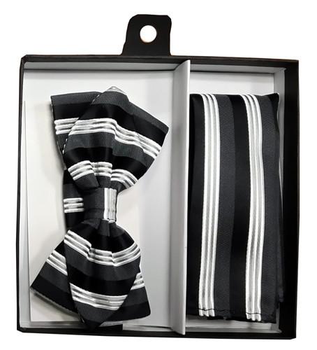 Black/White Striped Bow Tie with Pocket Square (Pointed Tip)-Men's Bow Ties-ABC Fashion