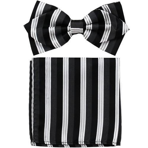 Black/White Striped Bow Tie with Pocket Square (Pointed Tip)-Men's Bow Ties-ABC Fashion